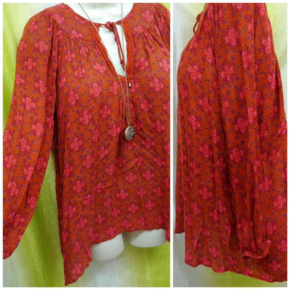 Natural Life | Boho Orange Rust Floral Long Sleeve Blouse Top Flowy Large